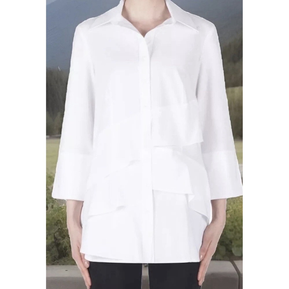 JOSEPH RIBKOFF Blouse Shirt Tunic Tiered White Button Down 3/4 Sleeves Size 10